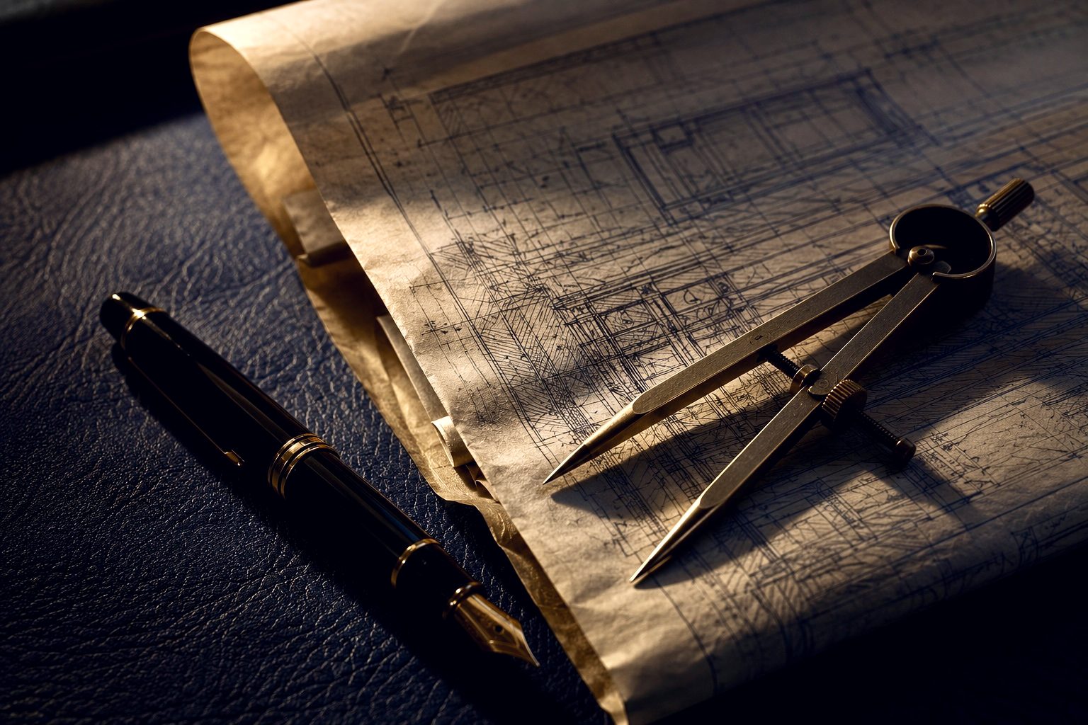 Instruments of design on navy leather